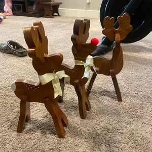Vintage Folk Art Wooden Standing Reindeer Kitschy Christmas Figurines Set of 3
